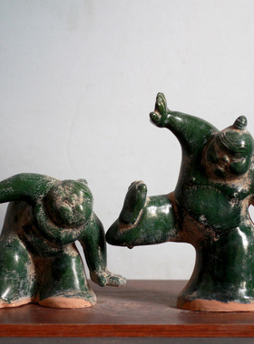 汉绿釉陶器陶瓷相扑俑摆件