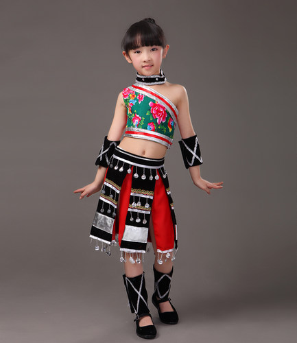 新款走在山水间女瑶族舞表演儿童壮族装少数民族佤族舞蹈演出服装 - 图3