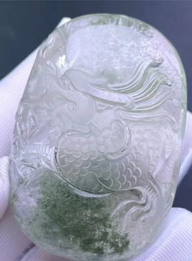 天然水晶绿幽灵雕刻龙牌能量配饰