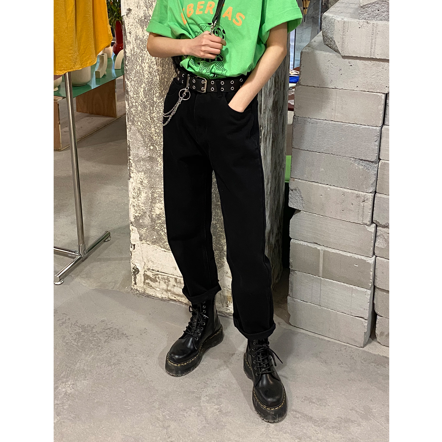 化学少女 X2「黑色神裤」高腰微弹牛仔裤黑色宽松百搭通勤小个子 - 图1