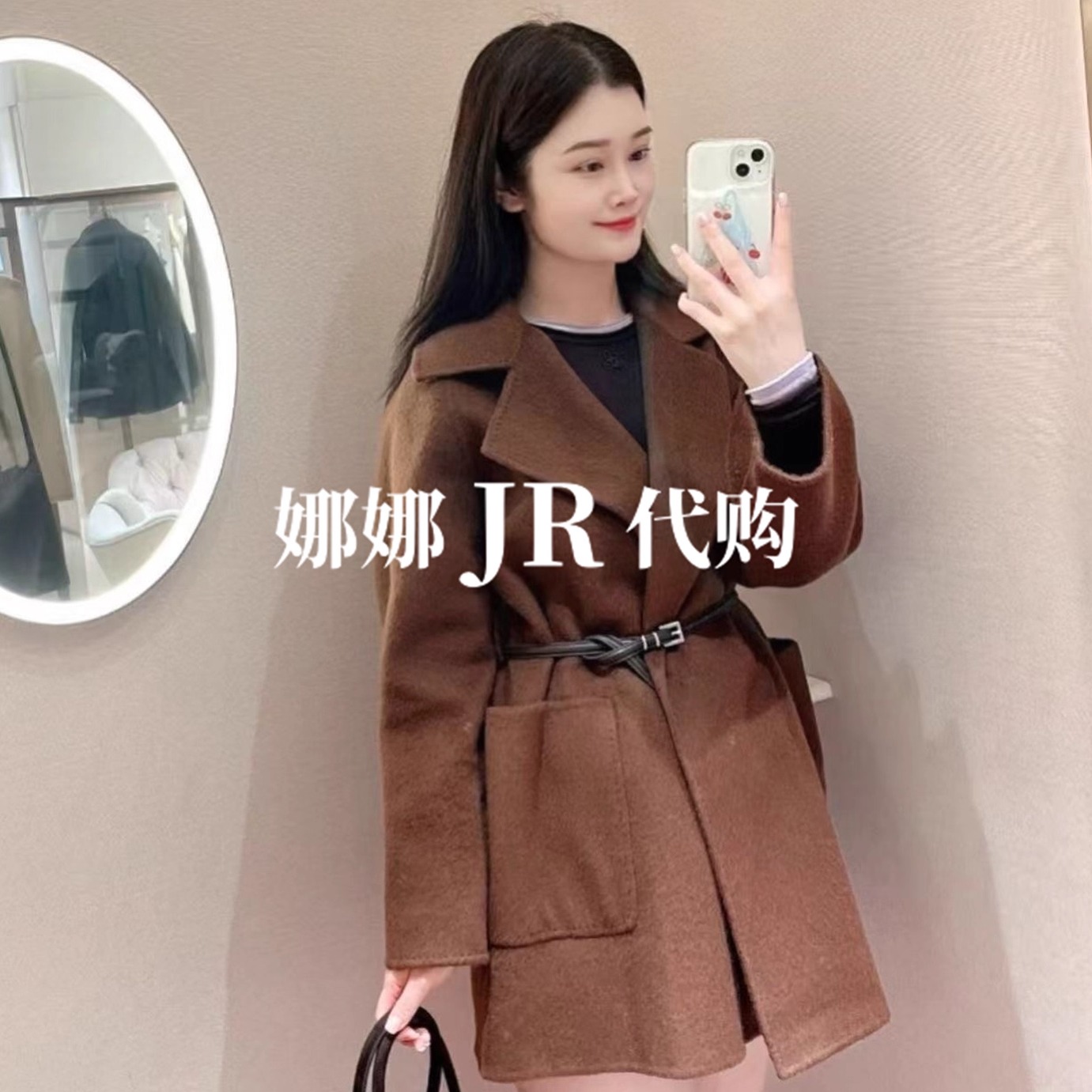 JR专柜正品2025年冬季新款西装领拼接腰带毛呢大衣女外套XRJ7D09D - 图2