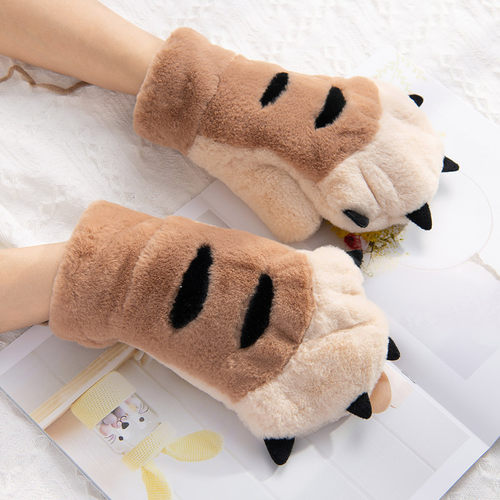 女士手套秋冬季冬天加绒加厚户外保暖棉可爱卡通虎爪子毛绒女孩潮 - 图0
