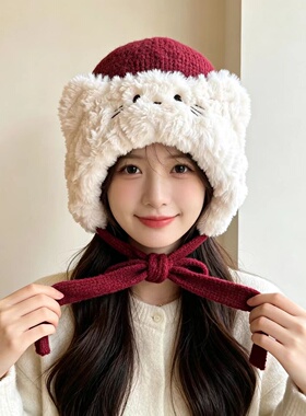 韩版可爱猫耳朵毛绒帽女冬季保暖护耳加厚防寒针织帽套头帽学生