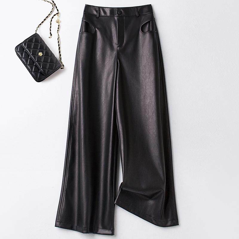 海宁真皮皮裤女高腰显瘦阔腿裤宽松直筒长裤时尚休闲裤2025年新款,淘宝优惠券,粉丝福利购,淘宝优惠卷