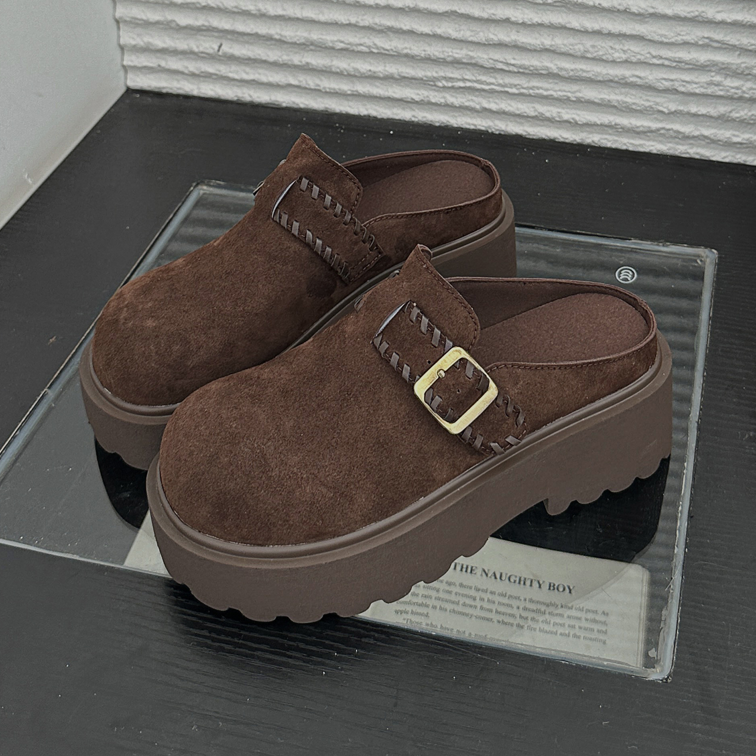 2025秋冬新款森系厚底穆勒鞋金属扣带松糕底一脚蹬勃肯半拖鞋外穿 - 图0