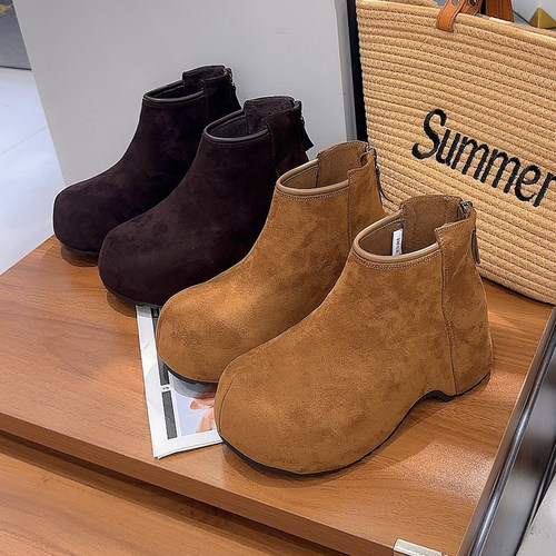 内增高勃肯短靴女2025新款秋冬百搭复古绒面丑萌大头鞋英伦马丁靴 - 图3