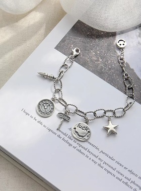 lucky复古硬币吊坠纯银手链