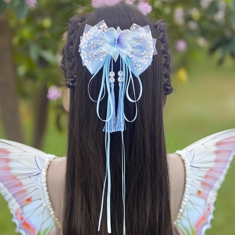 女童头发马尾后脑勺发夹大蝴蝶结飘带发夹汉服民族风发饰表演头花,淘宝优惠券,粉丝福利购,淘宝优惠卷