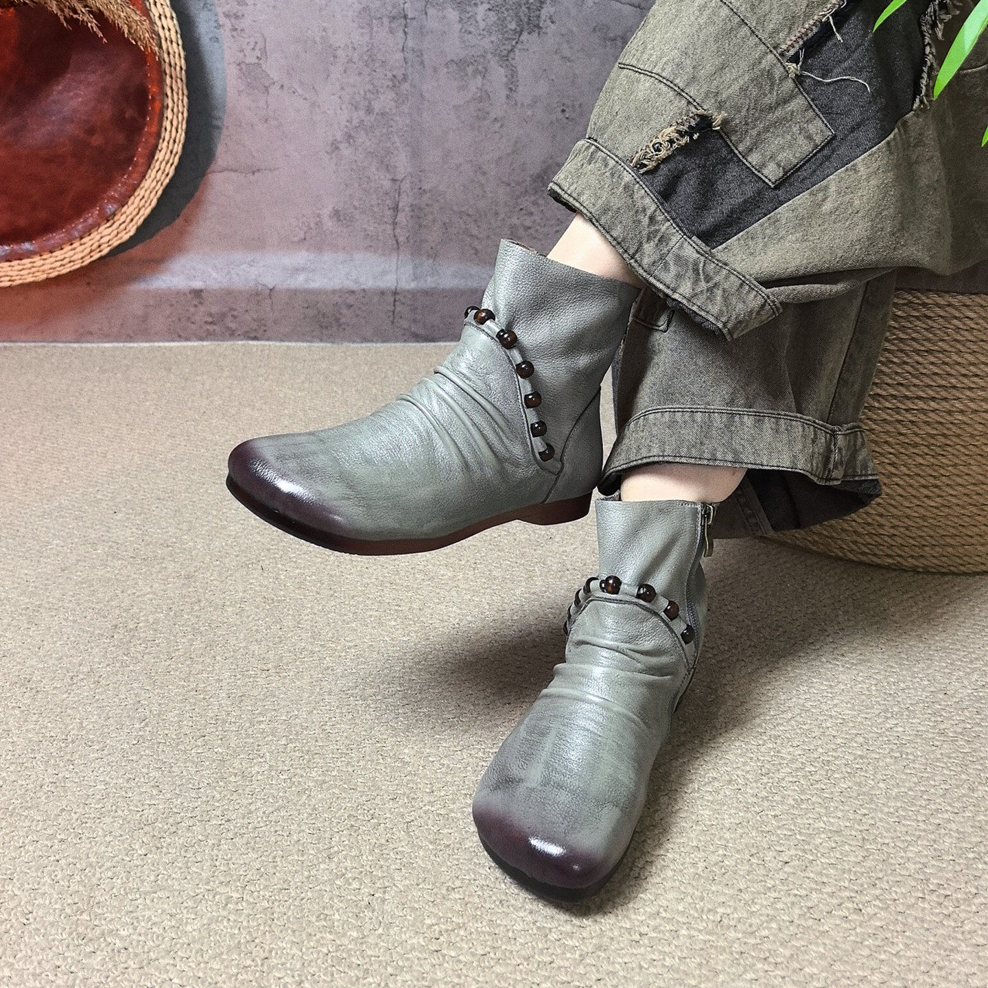 四月倾城真皮手工擦色短靴女秋冬新款复古休闲低跟软底马丁靴单靴,淘宝优惠券,粉丝福利购,淘宝优惠卷