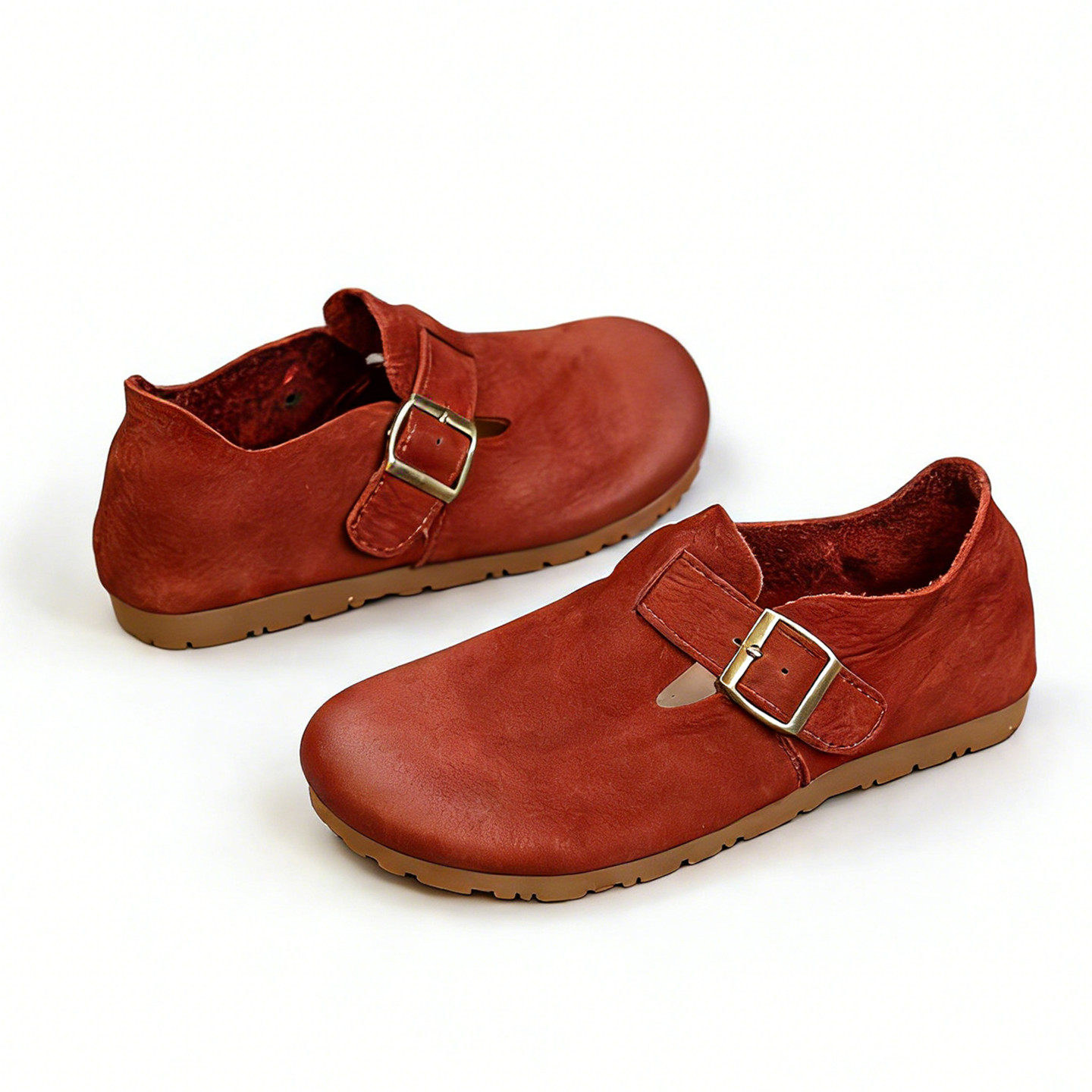 手工真皮单鞋女新款复古文艺平跟软底加绒勃肯鞋简约低帮红色棉鞋,淘宝优惠券,粉丝福利购,淘宝优惠卷