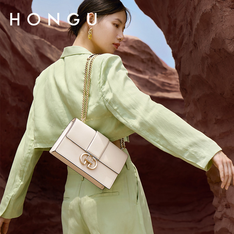 HONGU红谷女包包牛皮单肩斜挎链条小方包时尚百搭休闲腋下包包,淘宝优惠券,粉丝福利购,淘宝优惠卷