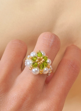 花朵珍珠戒指绿色水晶戒指小众女
