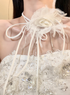 HEY TAO超仙白色羽毛花朵系带项链女优雅气质新娘婚纱配饰脖颈链
