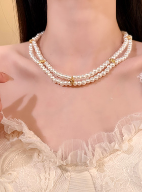 HEY TAO复古双层花朵珍珠项链轻奢气质叠戴choker颈链配饰锁骨链