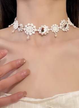 HEY TAO复古天然贝壳珍珠蕾丝choker颈带项链小众设计感项圈颈链