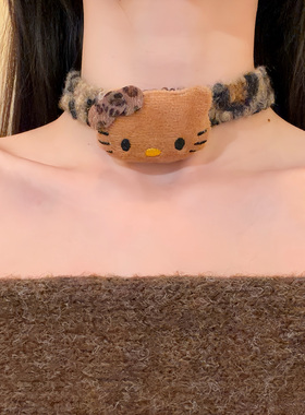HEY TAO冬季复古豹纹kitty毛绒项链女甜酷辣妹choker颈链项圈配饰