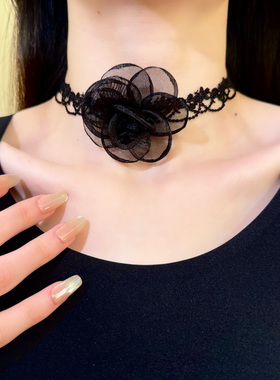 HEY TAO复古黑色网纱花朵蕾丝choker项链女款小众设计感项圈颈链