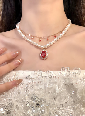 HEY TAO复古红色宝石吊坠珍珠项链女宫廷风气质颈链高级感锁骨链