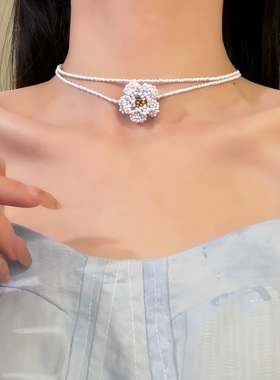 HEY TAO春季甜美蓝色花朵串珠项链女复古多层叠戴锁骨链配饰颈链