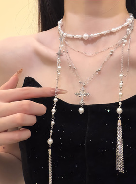 HEY TAO甜酷多层叠戴十字架choker项链长款辣妹配饰锁骨链颈链女