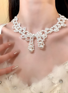 HEY TAO法式浪漫白色蝴蝶结珍珠项链女复古气质锁骨链高级感颈链