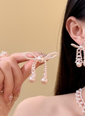 HEY TAO复古少女感粉色蝴蝶结珍珠项链甜美精致高级感颈链锁骨链