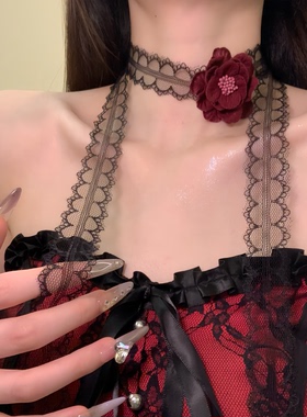 HEY TAO纯欲哥特风红色花朵choker蕾丝颈带项链女复古个性锁骨链