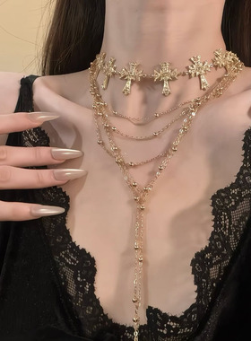 HEY TAO复古重工金色十字架choker叠戴项链女夸张气质锁骨链配饰