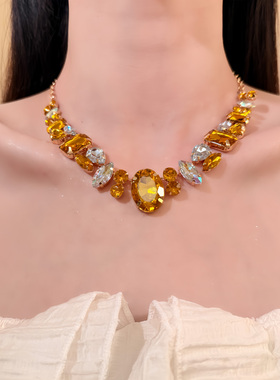 HEY TAO中古vintage黄色几何水钻项链女轻奢宴会晚礼服颈链锁骨链