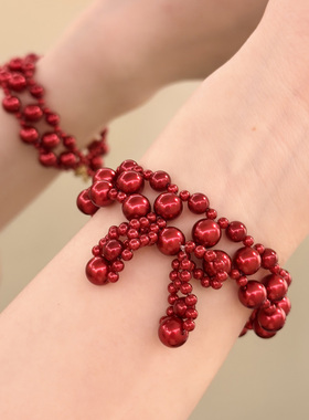 HEY TAO新年红色蝴蝶结珍珠项链女款复古高级感锁骨链配饰脖颈链