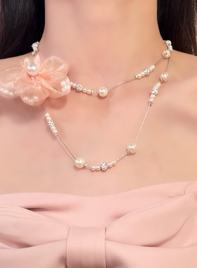 HEY TAO复古粉色花朵珍珠choker项链双层叠戴颈链甜美气质锁骨链
