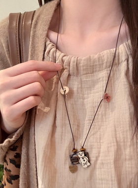 HEY TAO秋冬可爱木质小熊猫咪椰壳项链长款时尚复古毛衣链配饰女