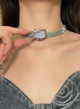 HEY TAO甜酷kt猫牛仔皮革choker颈链时尚y2k辣妹项链女锁骨链配饰