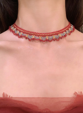 HEY TAO复古红蓝撞色串珠choker新中式古着项链女国风锁骨链颈链