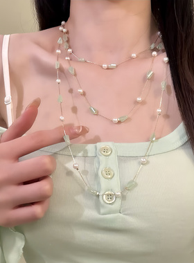 HEY TAO夏季氧气感绿色多层满天星项链长款度假风叠戴珍珠锁骨链