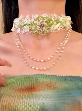 HEY TAO甜美绿色串珠花朵蕾丝choker蝴蝶结项链女设计感颈链配饰
