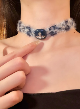 HEY TAO秋冬甜酷蓝色土星毛绒choker颈链个性辣妹项链脖子配饰女