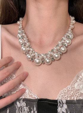 HEY TAO重工复古闪钻珍珠choker项链女锁骨链轻奢高级感气质颈链