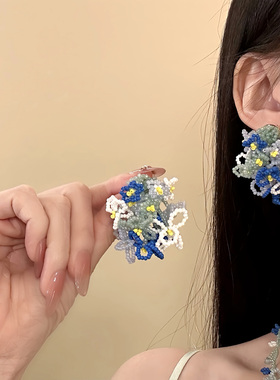 HEY TAO夏季蓝色串珠花朵项链海边度假风氛围感锁骨链配饰颈链女