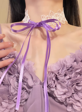 HEY TAO纯欲风系带蝴蝶结蕾丝项链甜美少女心气质颈链脖子配饰女