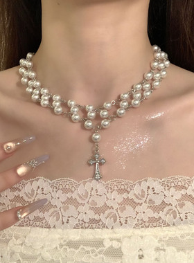 HEY TAO复古甜酷气质珍珠choker十字架吊坠项链女小众个性锁骨链