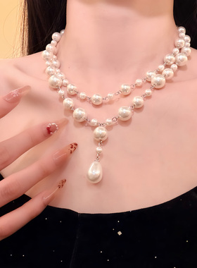 HEY TAO法式复古水滴珍珠choker项链双层叠戴颈链配饰百搭锁骨链