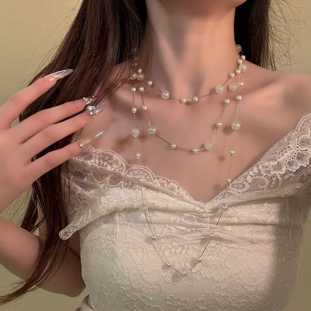 HEY TAO Super Immortal and Beautiful Long Pearl Necklace for Women Exquisite Gypsophila Multi-Layered Clavicle Neck Accessories