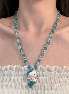 HEY TAO甜酷多巴胺人鱼Kitty猫串珠项链女可爱百搭气质颈链锁骨链