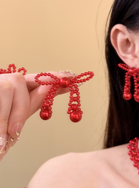 HEY TAO新年红镂空蝴蝶结珍珠choker项链复古优雅气质颈链锁骨链