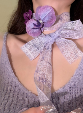 HEY TAO早春仙气紫色飘带蝴蝶兰项链女小众纯欲度假风花朵锁骨链