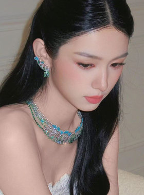 HEY TAO周也同款重工绿色水钻choker满钻项链轻奢气质颈链锁骨链