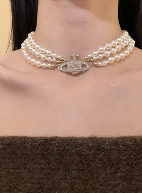 HEY TAO甜酷辣妹风土星珍珠项链女轻奢高级感choker多层叠戴颈链