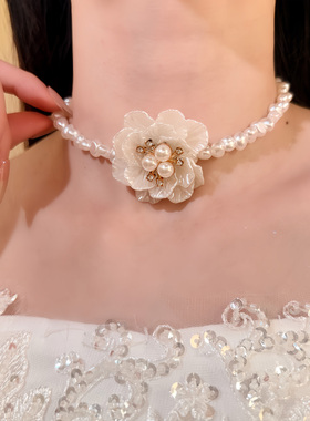 HEY TAO法式复古白色山茶花珍珠项链女轻奢气质颈链高级感锁骨链
