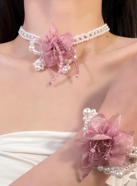 HEY TAO春季甜美粉色花朵珍珠项链女复古温柔气质颈链锁骨链配饰